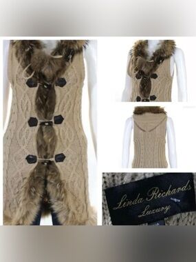 Linda Richards Fox fur trim Cream Cable-Knit  Sleeveless Sweater Vest